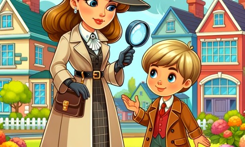 Une illustration pour enfants représentant une jeune détective déterminée, qui doit résoudre la disparition d'une bague précieuse de sa grand-mère, dans un petit village paisible.