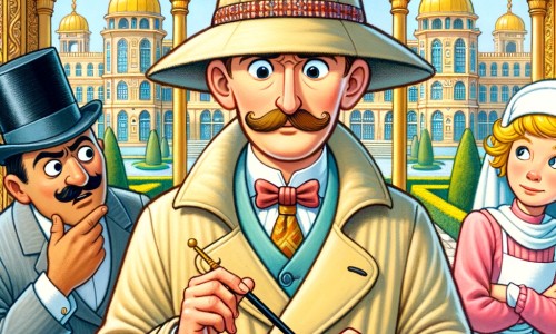 Une illustration pour enfants représentant un homme astucieux, détective de renom, résolvant une énigme mystérieuse dans la petite ville de Châtelain.