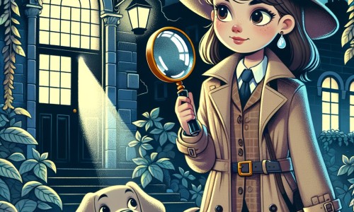 Une illustration pour enfants représentant une jeune femme détective qui enquête sur la mystérieuse disparition d'un garçon dans un vieux manoir abandonné.