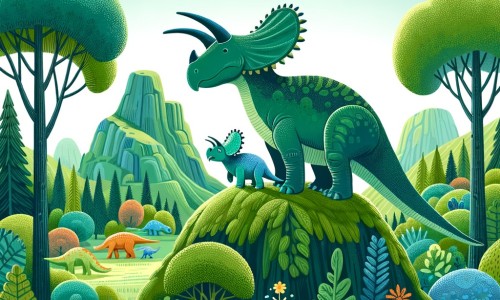 Une illustration destinée aux enfants représentant un magnifique diplodocus, se tenant au sommet d'une montagne verdoyante, accompagné d'un amical tricératops, dans une forêt luxuriante peuplée d'autres dinosaures colorés et d'arbres majestueux.