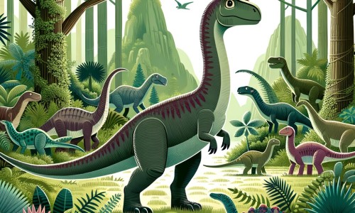 Une illustration destinée aux enfants représentant un majestueux dinosaure herbivore à long cou, se trouvant dans une forêt dense et luxuriante, accompagné de différents dinosaures et explorant un monde préhistorique rempli d'aventures captivantes.