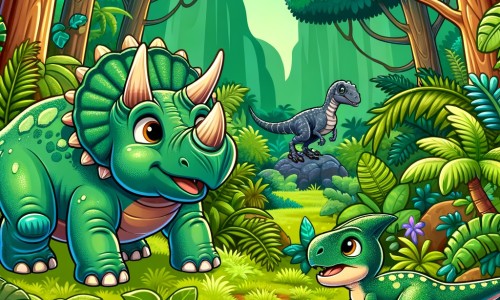 Une illustration destinée aux enfants représentant un adorable tricératops perdu dans une jungle luxuriante, accompagné d'un sympathique velociraptor, à la recherche de son chemin vers son royaume des tricératops, entouré de majestueux arbres verts et d'une végétation foisonnante.