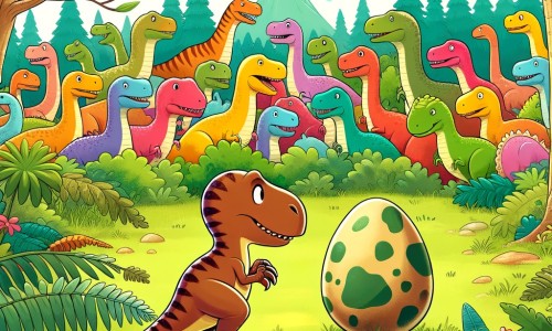Une illustration destinée aux enfants représentant un vélociraptor intrépide, se retrouvant seul dans une forêt luxuriante habitée par des dinosaures colorés, et faisant la découverte d'un œuf mystérieux.