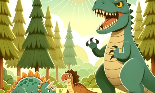 Une illustration pour enfants représentant un gigantesque prédateur à la mâchoire puissante, confronté à un tremblement de terre dans une dense forêt jurassique.
