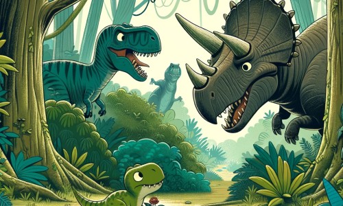 Une illustration pour enfants représentant un petit prédateur rapide et agil, vivant dans une forêt dense et verdoyante, qui doit faire face à un grand danger pour protéger ses amis dinosaures.