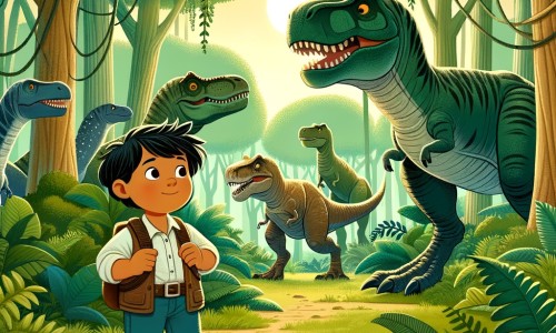 Une illustration destinée aux enfants représentant un majestueux Tyrannosaure Rex, se trouvant dans une forêt dense et luxuriante, accompagné d'un jeune garçon curieux et intrépide, prêt à vivre une incroyable aventure préhistorique.