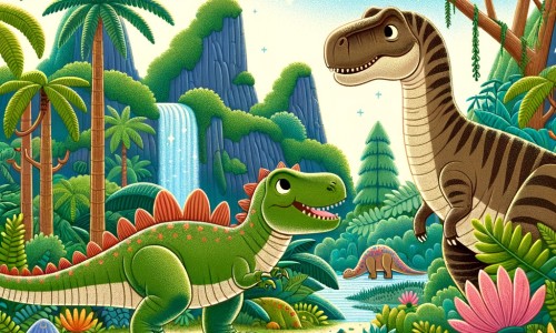 Une illustration destinée aux enfants représentant un jeune Tyrannosaure Rex, différent des autres, cherchant des amis dans une jungle préhistorique luxuriante, accompagné d'un gentil Brachiosaure, au milieu d'arbres immenses, de plantes colorées et d'une cascade scintillante.
