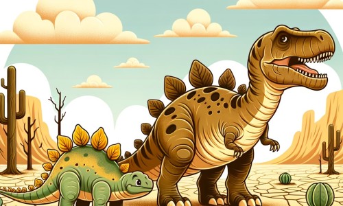 Une illustration destinée aux enfants représentant un stégosaure courageux, confronté à une grande sécheresse, accompagné d'un tyrannosaure rex, dans un paysage aride et désertique où la végétation est desséchée.