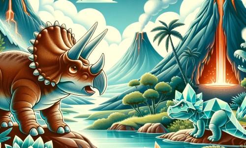 Une illustration pour enfants représentant un tricératops courageux qui part à l'aventure à la recherche d'une plante magique, dans une vallée préhistorique peuplée de dinosaures.