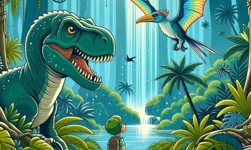Une illustration pour enfants représentant un imposant dinosaure aux dents acérées et à la peau rugueuse, qui se sent seul et triste dans une jungle dense et mystérieuse.