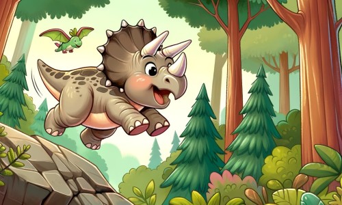 Une illustration pour enfants représentant un tricératops intrépide, vivant une aventure palpitante dans une forêt préhistorique.