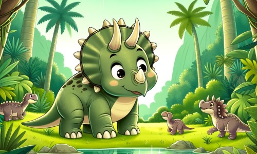 Une illustration pour enfants représentant un petit dinosaure à trois cornes partant à l'aventure dans la jungle à la recherche de nouveaux amis dinosaures.