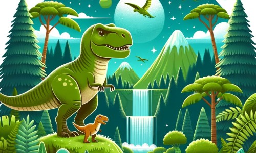 Une illustration destinée aux enfants représentant un puissant et majestueux Tyrannosaure Rex, se tenant au sommet d'une montagne verdoyante, accompagné d'un petit dinosaure curieux, dans une vaste forêt préhistorique remplie de fougères géantes et de cascades scintillantes.