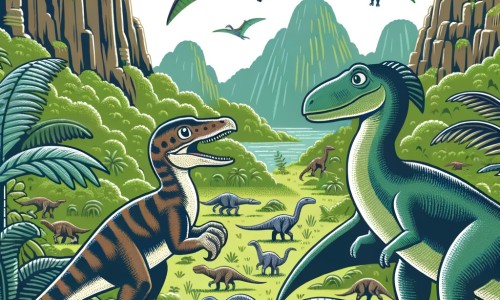 Une illustration destinée aux enfants représentant un vélociraptor curieux et aventurier qui fait la rencontre d'un ptérosaure amical dans une vallée verdoyante et luxuriante peuplée de dinosaures majestueux.