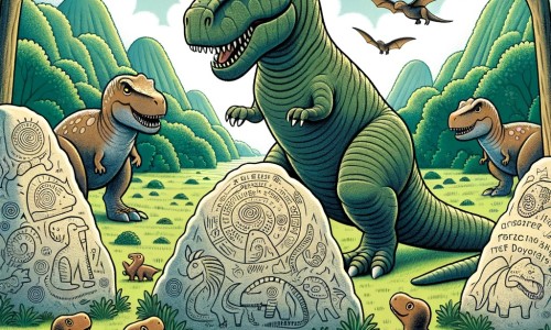 Une illustration pour enfants représentant un redoutable roi des dinosaures, se trouvant dans une mystérieuse forêt préhistorique, où se déroule une aventure pleine d'amitié et de découvertes.