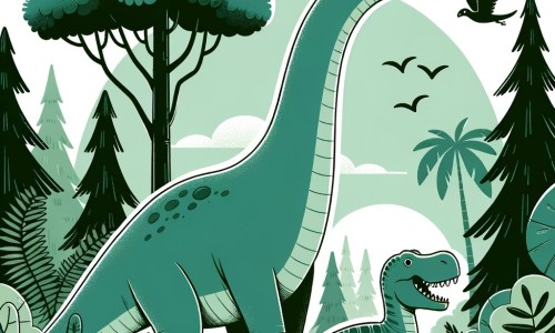 Une illustration destinée aux enfants représentant un majestueux diplodocus se trouvant dans une forêt luxuriante et paisible, accompagné d'un adorable tyrannosaure, dans une aventure pleine de courage et d'amitié.