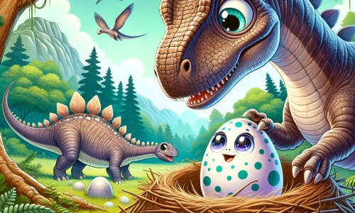 Une illustration destinée aux enfants représentant un stégosaure, majestueux et imposant, découvrant un œuf mystérieux sur un nid abandonné, dans la luxuriante vallée des dinosaures, accompagné d'un adorable bébé diplodocus aux grands yeux étincelants.