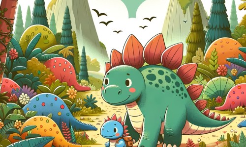 Une illustration destinée aux enfants représentant un stégosaure timide et courageux, accompagné d'une amie aventurière, explorant une vallée luxuriante remplie de dinosaures aux couleurs vives et de plantes préhistoriques géantes.