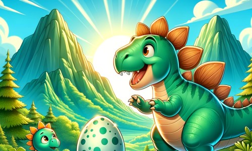 Une illustration pour enfants représentant un stégosaure qui découvre un œuf de dinosaure dans la vallée des dinosaures.
