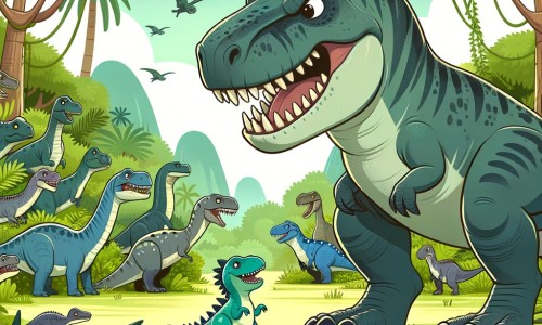 Une illustration destinée aux enfants représentant un imposant prédateur aux mâchoires acérées, se trouvant au milieu d'une forêt luxuriante peuplée de dinosaures de toutes sortes, où il fait la rencontre d'un petit dinosaure en détresse.