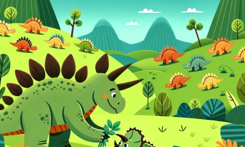 Une illustration destinée aux enfants représentant un stégosaure courageux et différent des autres dinosaures, qui aide un bébé tricératops égaré, dans la vallée verdoyante et luxuriante où vivent de nombreux dinosaures joyeux et colorés.