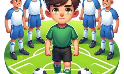 Une illustration destinée aux enfants représentant un jeune homme passionné de football, se trouvant au milieu d'un terrain verdoyant et entouré de joueurs talentueux, lors d'un match crucial, où il devra prouver sa valeur pour réaliser son rêve.
