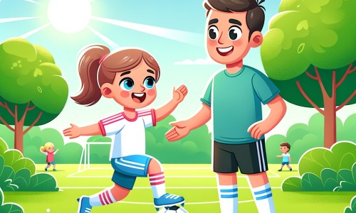 Une illustration destinée aux enfants représentant une jeune fille passionnée de football, s'entraînant avec détermination et enthousiasme avec son entraîneur souriant, dans un parc ensoleillé entouré d'arbres verdoyants et d'herbe fraîche.