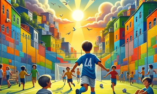 Une illustration destinée aux enfants représentant un jeune homme passionné de football, rêvant de devenir joueur professionnel, accompagné de son petit frère, dans une cour d'école animée où des enfants jouent au football sous un ciel ensoleillé et entourés de murs colorés.