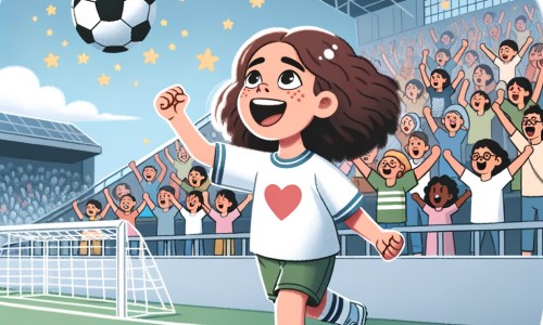 Une illustration pour enfants représentant une jeune femme passionnée de football, qui réalise son rêve de devenir une joueuse professionnelle, dans un stade rempli de supporters enthousiastes.