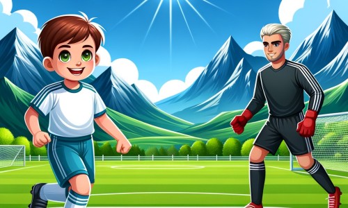 Une illustration destinée aux enfants représentant un jeune garçon passionné de football, accompagné d'un joueur professionnel, dans un terrain de football verdoyant entouré de montagnes majestueuses et sous un ciel bleu éclatant.