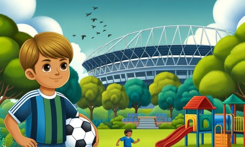 Une illustration destinée aux enfants représentant un jeune garçon passionné de football, accompagné d'un joueur professionnel, dans un parc verdoyant avec un grand terrain de jeu et un stade majestueux en arrière-plan.