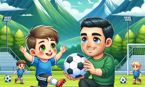 Une illustration destinée aux enfants représentant un jeune homme passionné de football, s'entraînant assidûment avec un coach bienveillant dans un stade verdoyant entouré de montagnes majestueuses.