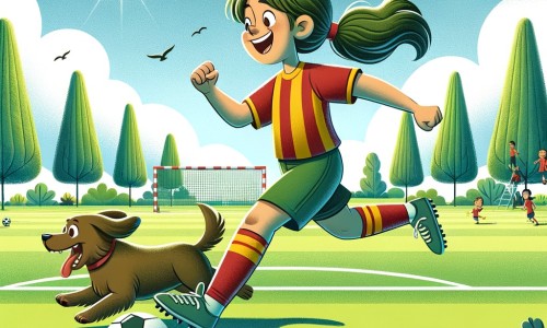 Une illustration destinée aux enfants représentant une jeune joueuse de football passionnée, accompagnée de son fidèle chien, jouant joyeusement sur un terrain verdoyant bordé de grands arbres, sous un ciel bleu et ensoleillé.