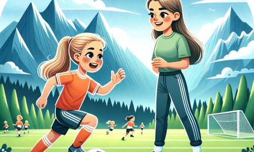 Une illustration pour enfants représentant une jeune footballeuse passionnée qui rencontre une joueuse professionnelle et réalise son rêve en remportant un grand tournoi dans son équipe locale. Tout cela se déroule dans un stade de football.