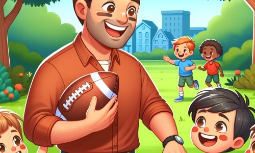 Une illustration destinée aux enfants représentant un homme passionné de football, qui fait la rencontre de jeunes enfants enthousiastes dans un parc verdoyant de la petite ville de Joyville.
