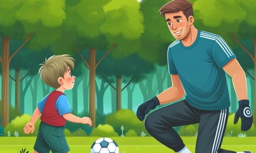 Une illustration destinée aux enfants représentant un jeune garçon passionné de football, qui rencontre un joueur professionnel lors d'un entraînement intense dans un parc verdoyant entouré de grands arbres et d'herbe fraîche.