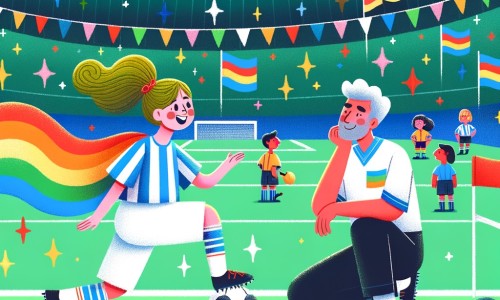 Une illustration destinée aux enfants représentant une jeune femme passionnée de football, rêvant de devenir joueuse professionnelle, accompagnée d'un coach bienveillant, sur un terrain de football verdoyant entouré de gradins colorés où flottent des drapeaux aux couleurs vives.