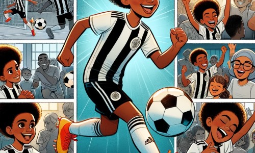 Une illustration pour enfants représentant une jeune femme passionnée de football, vivant son rêve de devenir une joueuse professionnelle, dans un club de football animé et plein d'enthousiasme.