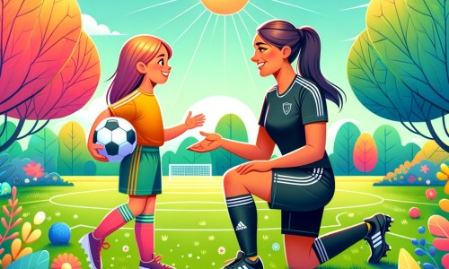 Une illustration pour enfants représentant une jeune fille passionnée de football qui rencontre une joueuse professionnelle dans un parc et réalise son rêve de devenir une joueuse professionnelle dans le même parc quelques années plus tard.