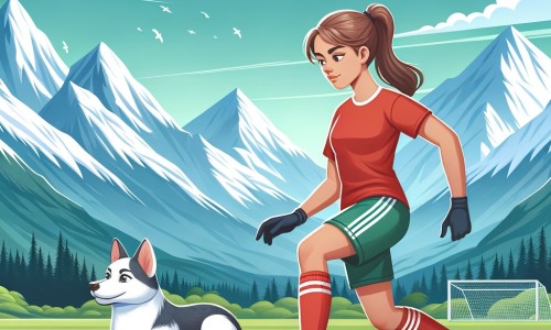 Une illustration destinée aux enfants représentant une joueuse de football passionnée, accompagnée de son fidèle chien, s'entraînant avec détermination sur un terrain verdoyant entouré de majestueuses montagnes enneigées.