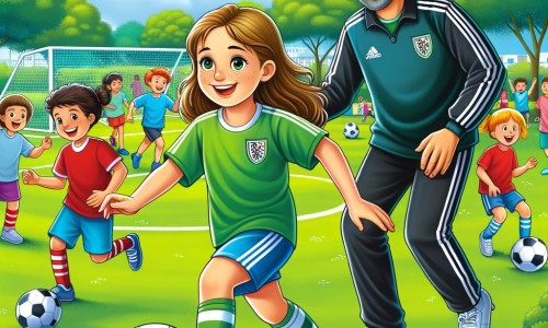 Une illustration destinée aux enfants représentant une jeune femme passionnée de football, évoluant dans un club dirigé par une ancienne joueuse professionnelle, dans un parc verdoyant avec un terrain de jeu coloré et des enfants joyeux qui s'entraînent avec enthousiasme.