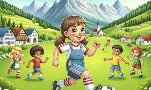 Une illustration destinée aux enfants représentant une jeune footballeuse passionnée, avec un ballon aux pieds, accompagnée de ses amis, dans un village pittoresque entouré de vastes champs verdoyants et de montagnes majestueuses.