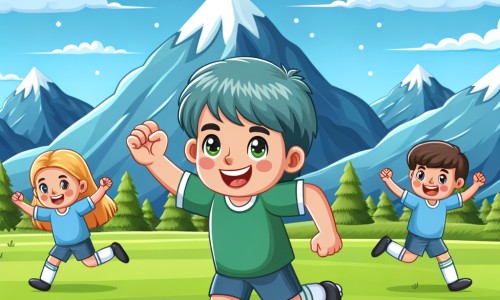 Une illustration destinée aux enfants représentant une joueuse de football passionnée qui surmonte les défis et les obstacles avec l'aide de ses amis, dans un terrain verdoyant entouré de montagnes majestueuses et sous un ciel bleu éclatant.