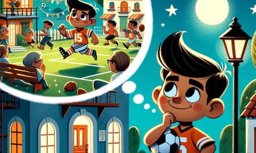 Une illustration pour enfants représentant un jeune garçon passionné de football, rêvant de devenir un joueur professionnel, dans une petite ville animée par le sport.