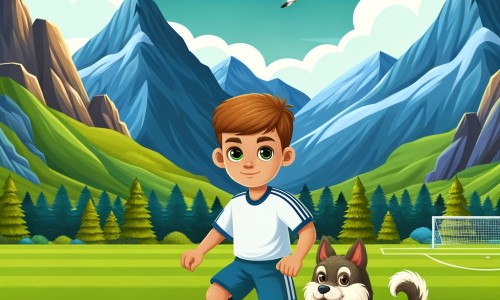 Une illustration destinée aux enfants représentant un jeune homme talentueux, joueur de football, accompagné de son fidèle chien, évoluant sur un terrain verdoyant entouré de montagnes majestueuses.