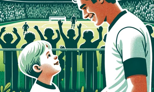 Une illustration destinée aux enfants représentant un jeune homme passionné de football, qui rencontre un joueur professionnel lors d'un tournoi local, dans un stade immense et verdoyant, entouré de supporters enthousiastes.