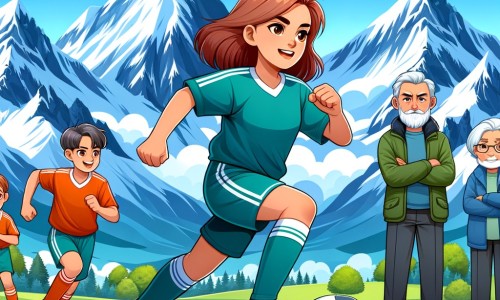 Une illustration destinée aux enfants représentant une joueuse de football passionnée, accompagnée de son équipe multigénérationnelle, s'entraînant avec détermination sur un terrain verdoyant entouré de majestueuses montagnes enneigées.