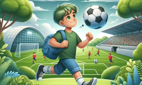 Une illustration pour enfants représentant un jeune homme passionné de football qui rêve de devenir un joueur professionnel, s'entraînant avec acharnement dans un parc verdoyant.