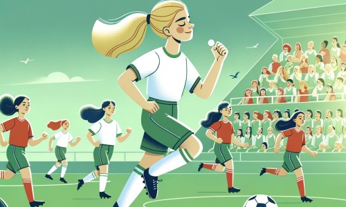 Une illustration pour enfants représentant une jeune fille pleine de passion pour le football qui rêve de devenir une joueuse professionnelle, dans un stade de football entouré de fans excités.