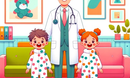 Une illustration destinée aux enfants représentant un homme en blouse blanche, entouré de deux enfants avec des boutons partout, dans une salle d'attente colorée et chaleureuse d'une clinique, où règne une atmosphère joyeuse et rassurante.